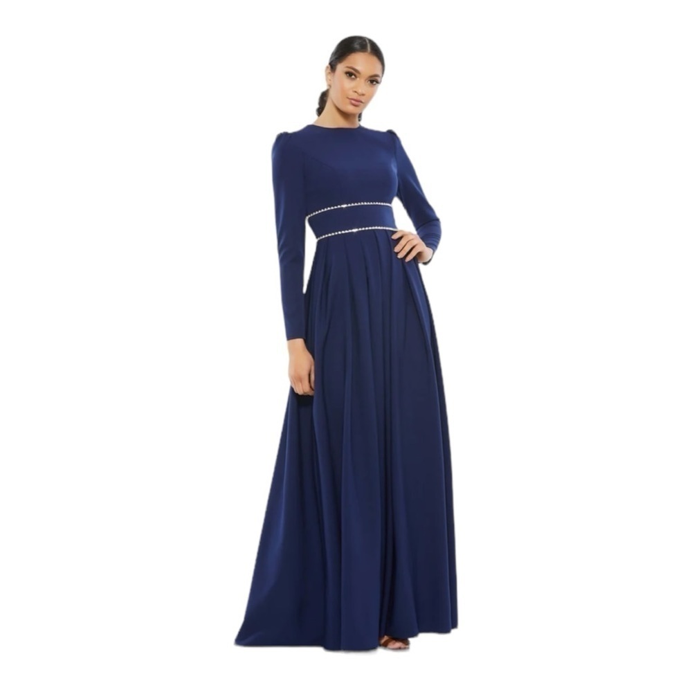 Mac Duggal Navy Blue Long Sleeve Embellished Waist Gown